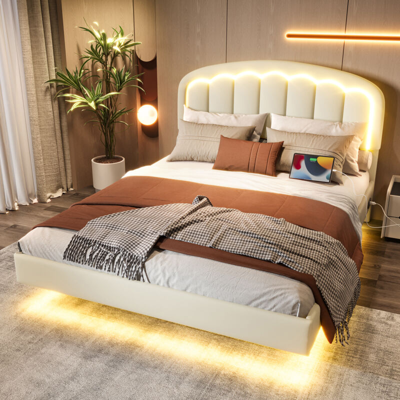 foto del prodotto letto matrimoniale 160 x 200 cm sospeso per adulti con testiera a petalo, striscia luminosa a led e pratico contenitore sotto il letto, in