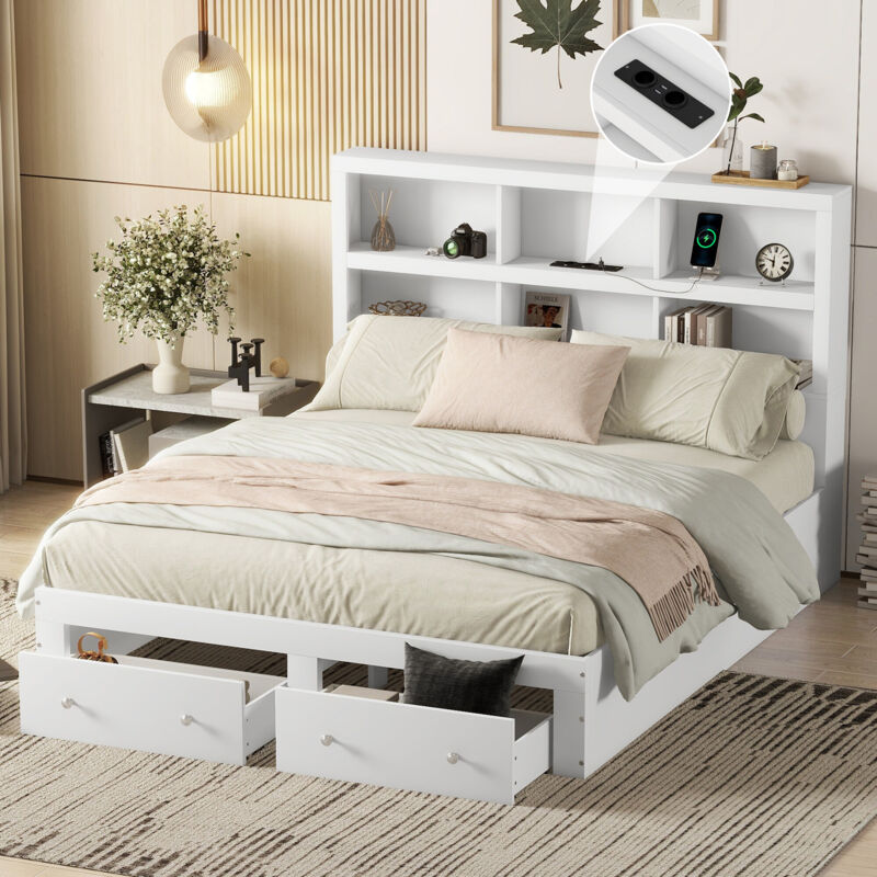 immagine 0 del prodotto letto matrimoniale 160200 cm, in legno massello, piattaforma king size con due cassetti ai piedi del letto, testiera con contenitore, grigio