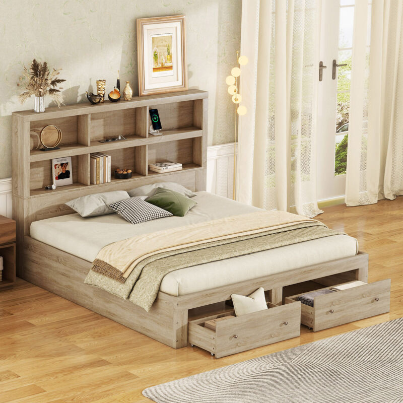 foto del prodotto letto matrimoniale 160200 cm, in legno massello, piattaforma king size con due cassetti ai piedi del letto, testiera con contenitore, naturale