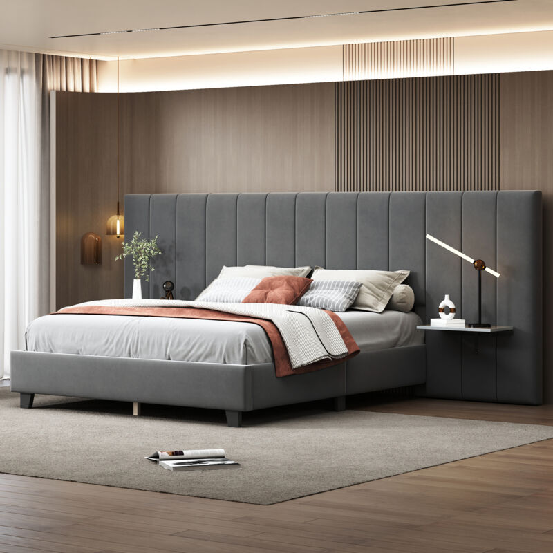 foto del prodotto letto matrimoniale 160x200 cm con testiera, cassetto estraibile, mensole testiera e comodino, tessuto velluto, grigio