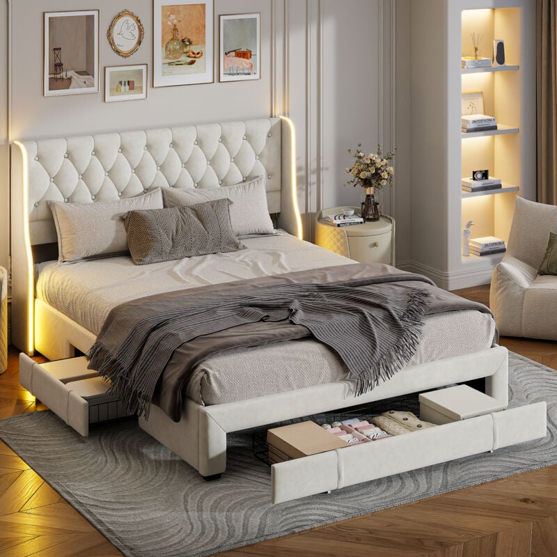 foto del prodotto letto matrimoniale 160x200,letto matrimoniale contenitore,letto imbottito,letti con cassetti,con illuminazione a led e 3 cassetti, testiera