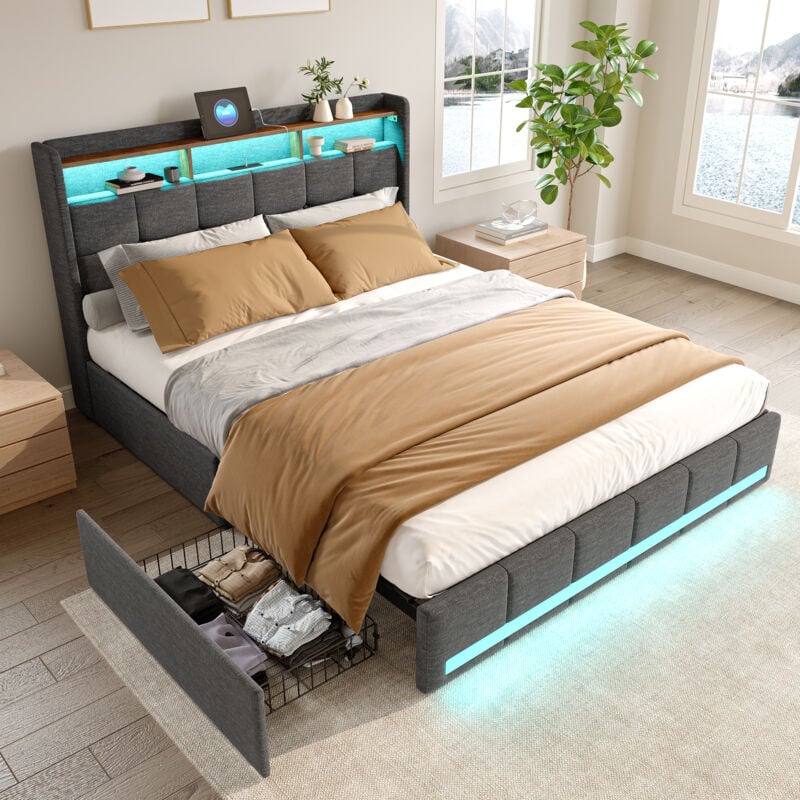 foto del prodotto letto matrimoniale 160x200,letto matrimoniale contenitore,letto imbottito,letti con cassetti,con led regolabile e ricarica usb,quattro cassetti,