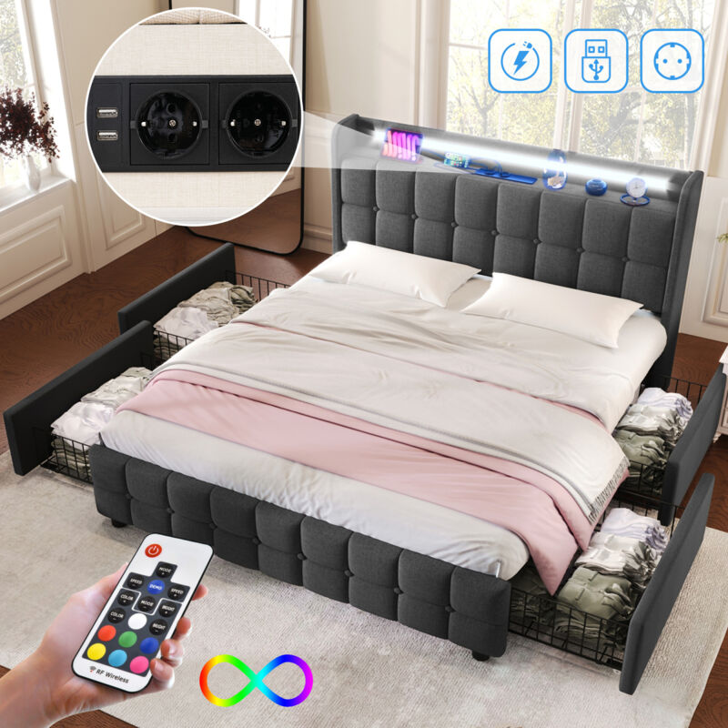 foto del prodotto letto matrimoniale 160x200,letto matrimoniale contenitore,letto imbottito,letti con cassetti,letti per adulti, con led, ricarica usb,tessuto in lino,