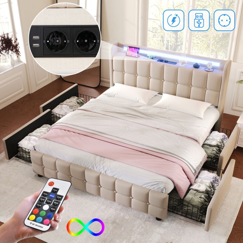 foto del prodotto letto matrimoniale 160x200,letto matrimoniale contenitore,letto imbottito,letti con cassetti,letti per adulti,con led, ricarica usb,tessuto in lino,