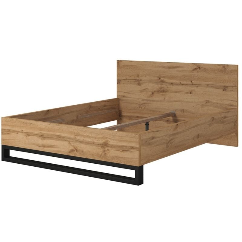 foto del prodotto letto matrimoniale 160x200 stile industriale collezione milos. colori rovere grezzo e nero.