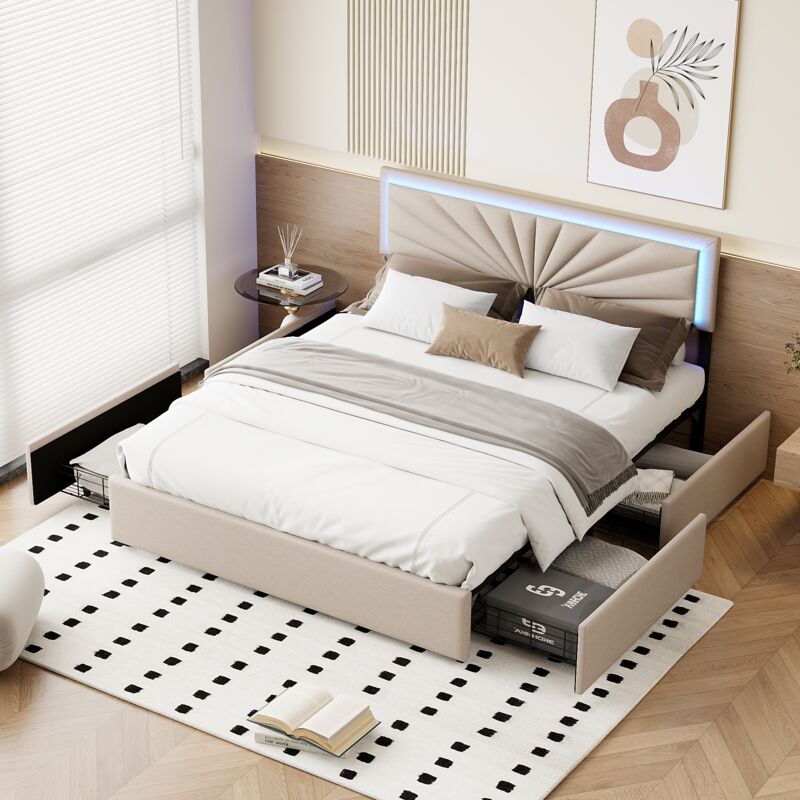 foto del prodotto letto matrimoniale 160x200cm con 4 cassetti e illuminazione a led, letto imbottito con rete a doghe e testiera, stile contemporaneo beige