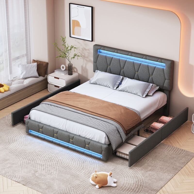 foto del prodotto letto matrimoniale 160x200cm con 4 cassetti, illuminazione led, ricarica usb, testiera, rete a doghe, letto per adulti scandinavo, tessuto grigio