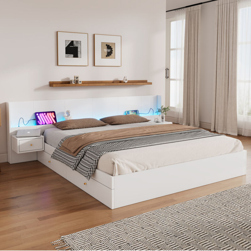 foto del prodotto letto matrimoniale 180200 cm, letto matrimoniale, letto in legno, letto per ragazzi, con interfaccia usb, con illuminazione e presa a led,