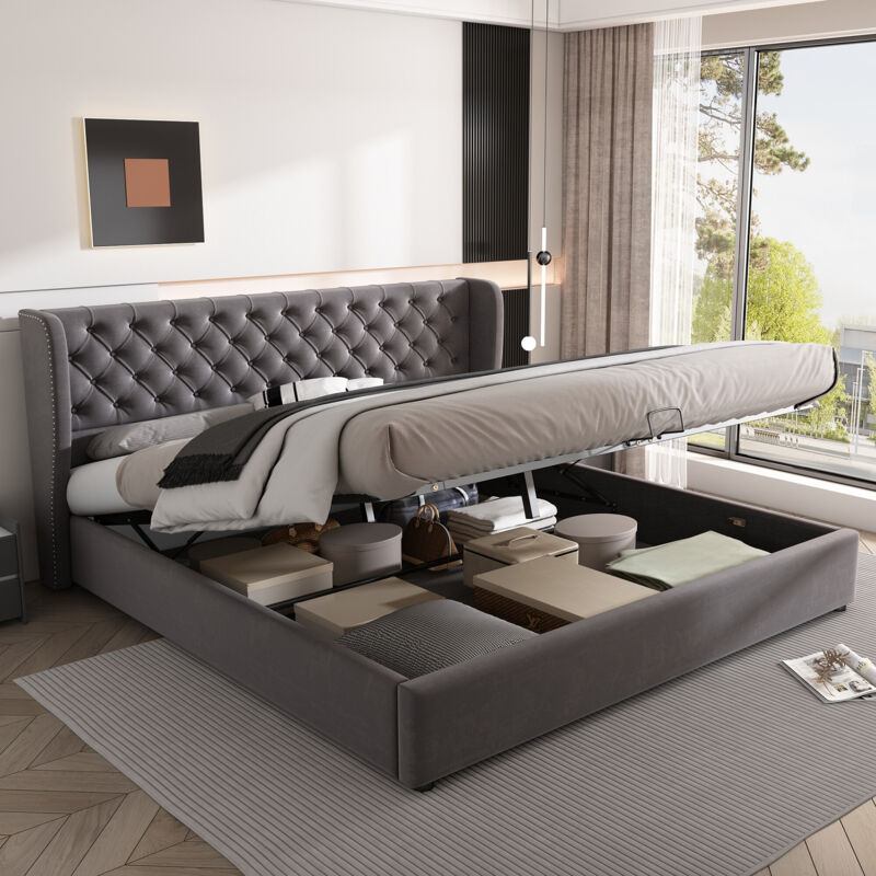 foto del prodotto letto matrimoniale 180200, letto funzionale idraulico con rete a doghe e vano contenitore, la parte inferiore del letto realizzata in tessuto non