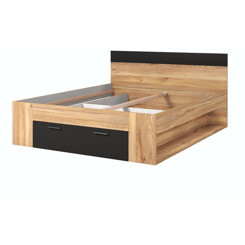 foto del prodotto letto matrimoniale 180x200 con cassetti integrati e rete a doghe. collezione eos. colori quercia chiara e nero.