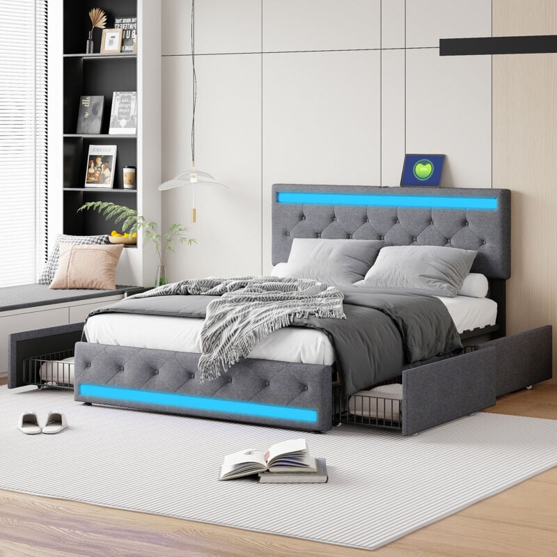 foto del prodotto letto matrimoniale 180x200,letto matrimoniale contenitore,letto imbottito,letti con cassetti,letti per adulti,con led regolabili alla testa e ai