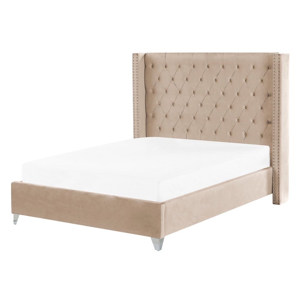 foto del prodotto letto matrimoniale a doghe velluto beige imbottito trapuntato poggiatesta 140 x 200 cm stile glamour elegante