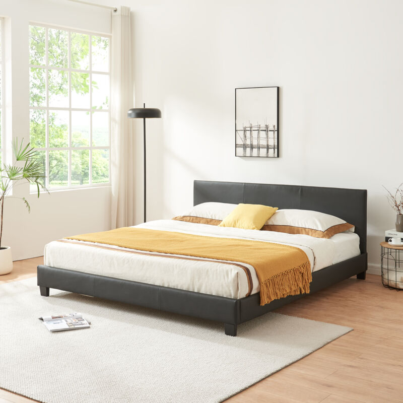 foto del prodotto letto matrimoniale a testiera alta letto a 2 piazze 160x200 cm rivestimento in similpelle nero corium