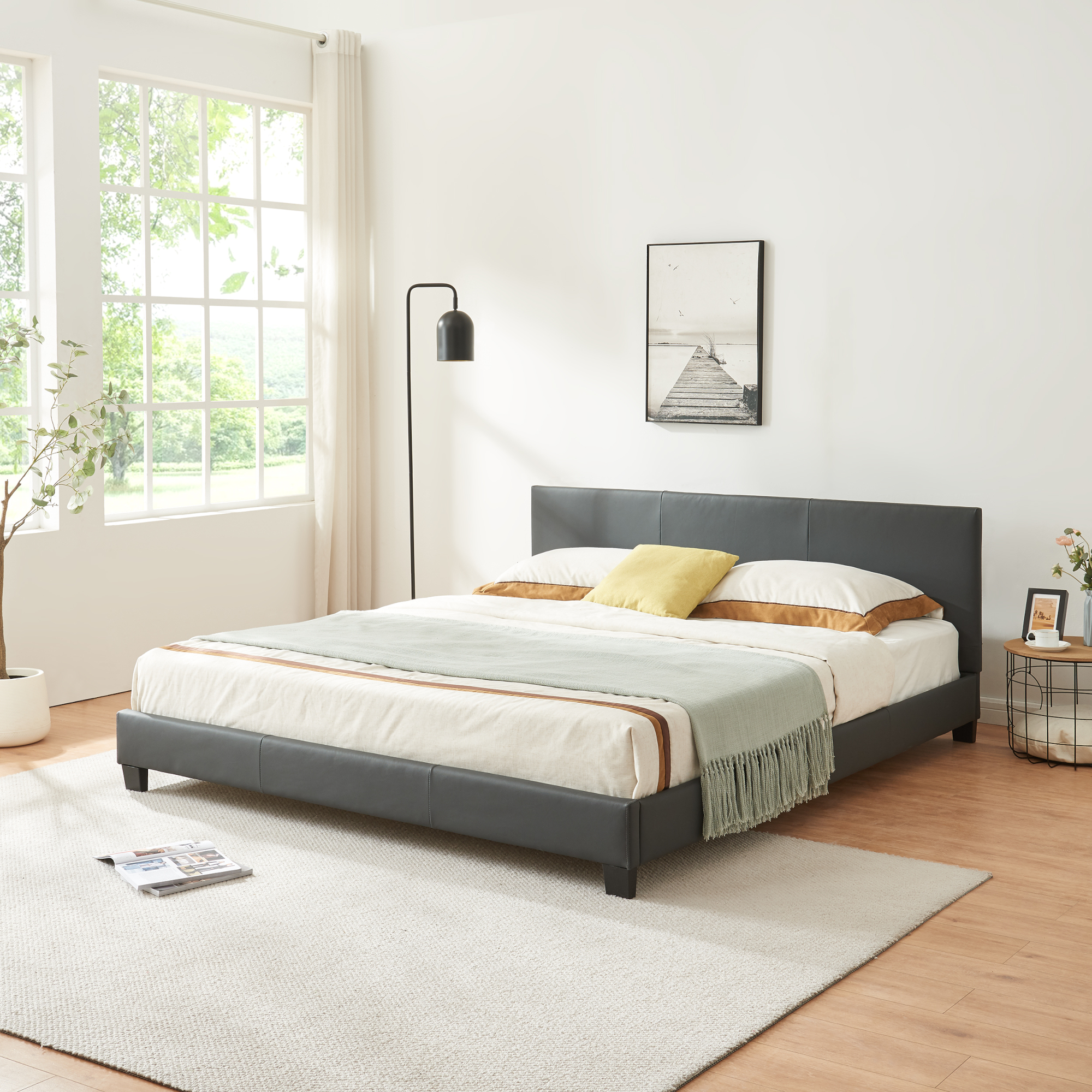 foto del prodotto letto matrimoniale a testiera alta letto a 2 piazze 180x200 cm rivestimento in similpelle grigio scuro corium