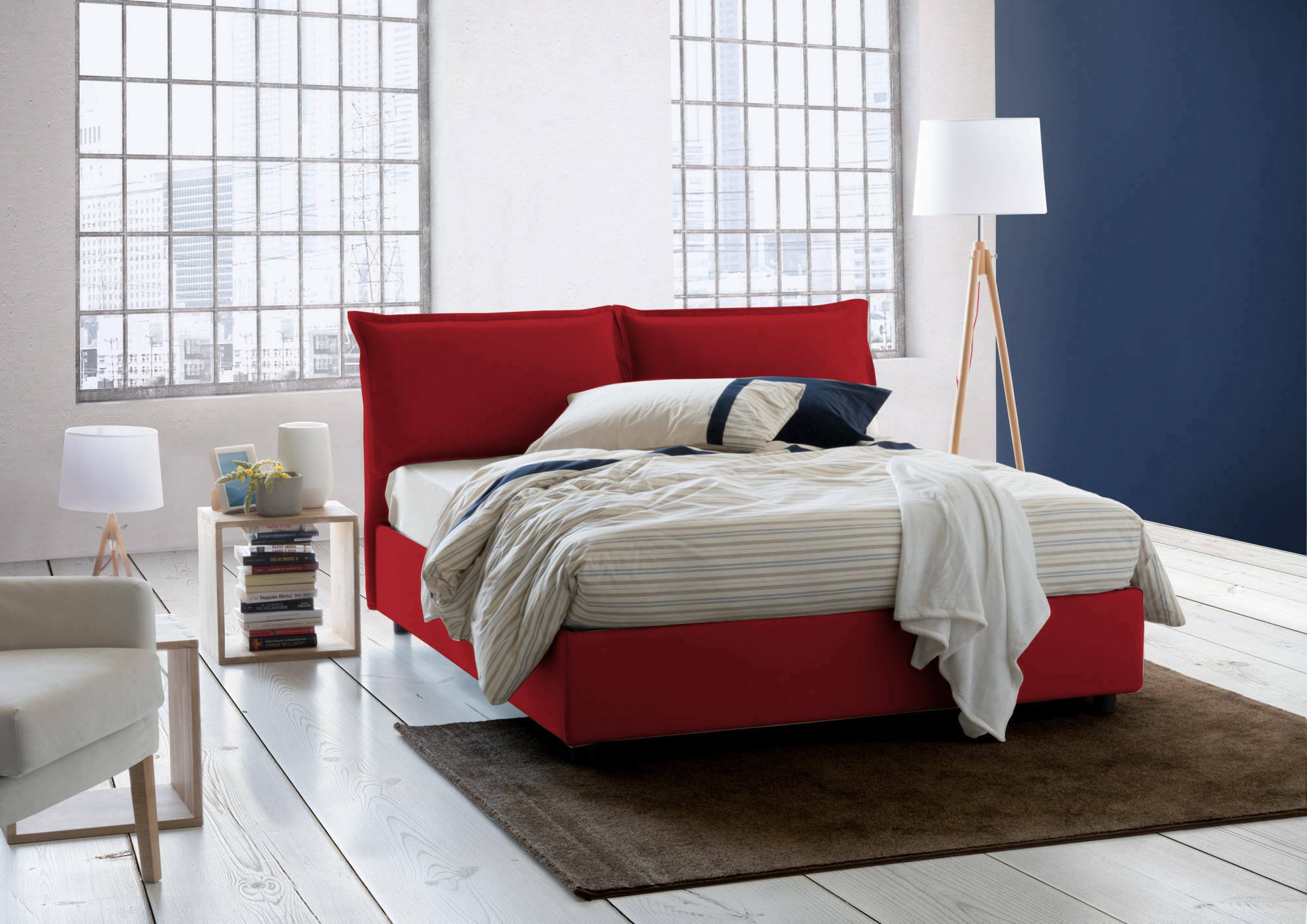 foto del prodotto letto matrimoniale agalo, letto contenitore con rivestimento in tessuto, made in italy, apertura frontale, adatto per materasso cm 140x200, rosso