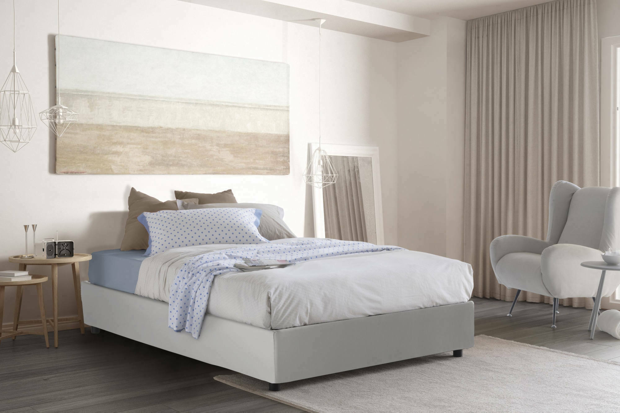 foto del prodotto letto matrimoniale aladino, letto contenitore con rivestimento in ecopelle, made in italy, apertura frontale, adatto per materasso cm 140x190, bianco
