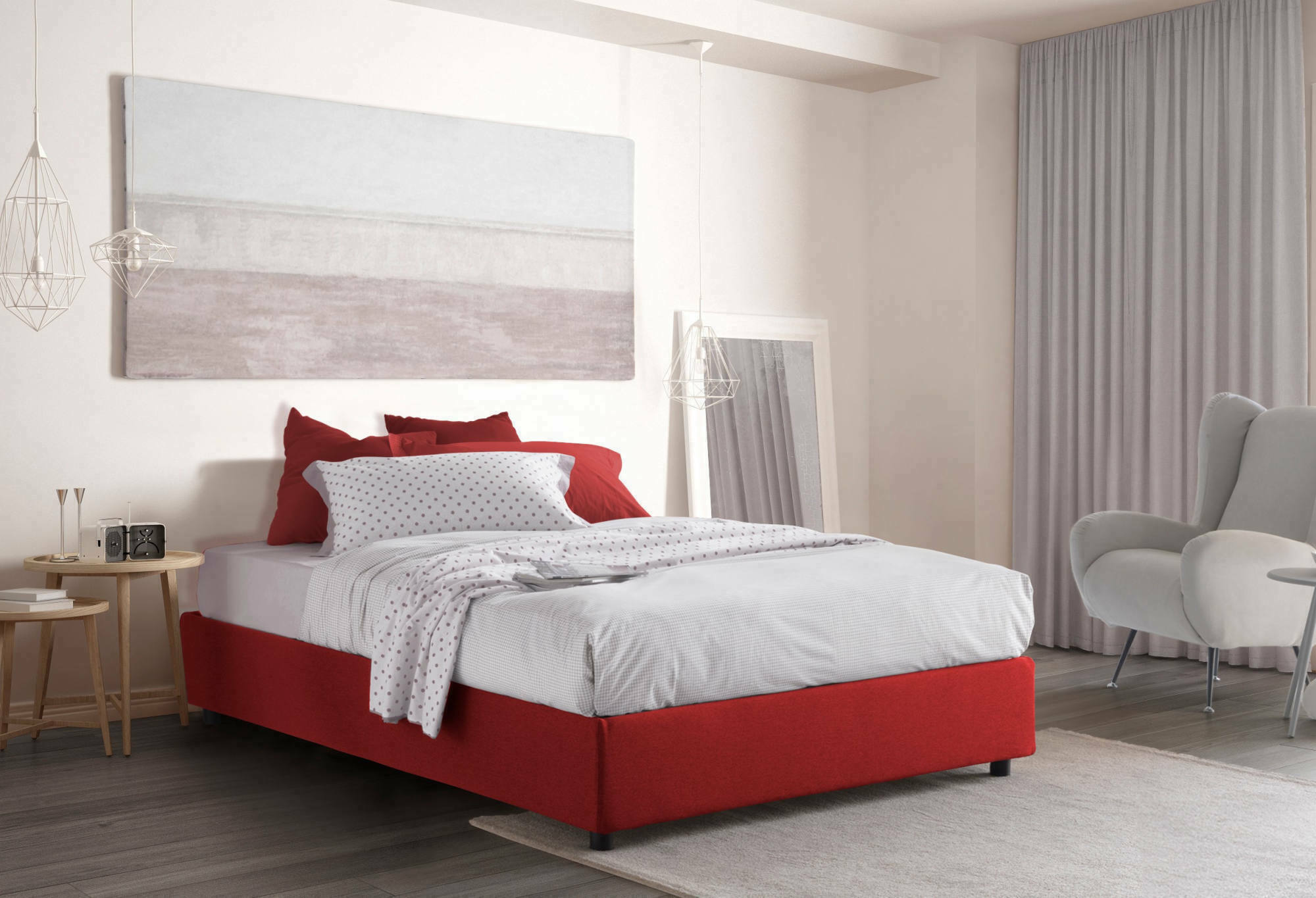 foto del prodotto letto matrimoniale alaska, letto contenitore con rivestimento in tessuto, made in italy, apertura frontale, adatto per materasso cm 160x200, rosso