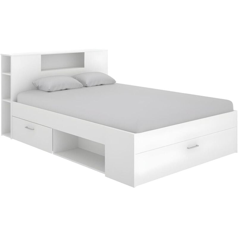 foto del prodotto letto matrimoniale alla francese con testiera portaoggetti e cassetti 140 x 190 cm bianco leandre