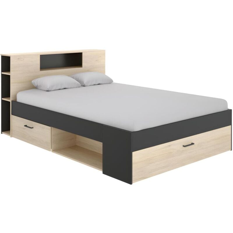 foto del prodotto letto matrimoniale alla francese con testiera portaoggetti e cassetti 140 x 190 cm quercia e antracite leandre