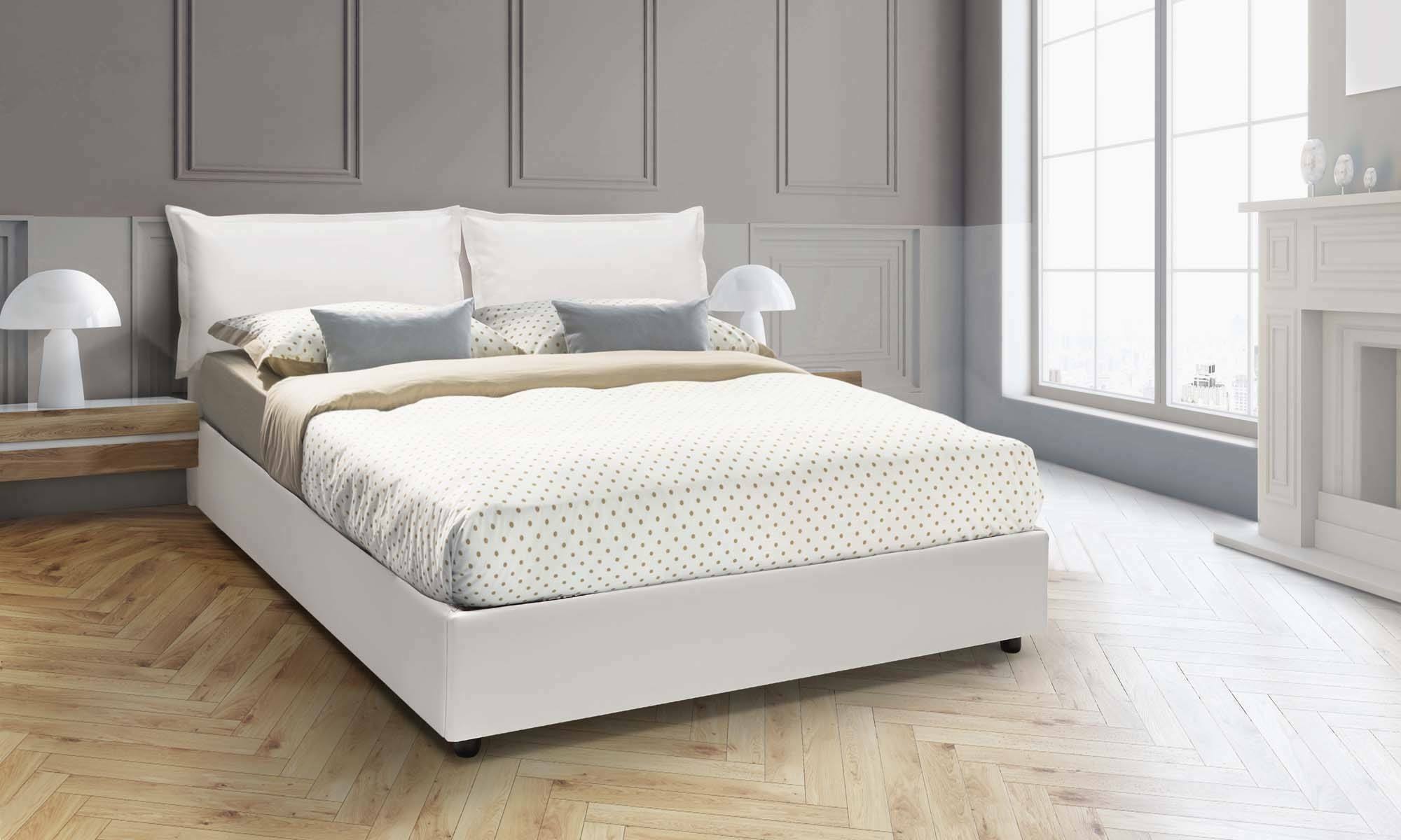 foto del prodotto letto matrimoniale amelh, letto contenitore con rivestimento in ecopelle, made in italy, apertura frontale, adatto per materasso cm 140x190, bianco