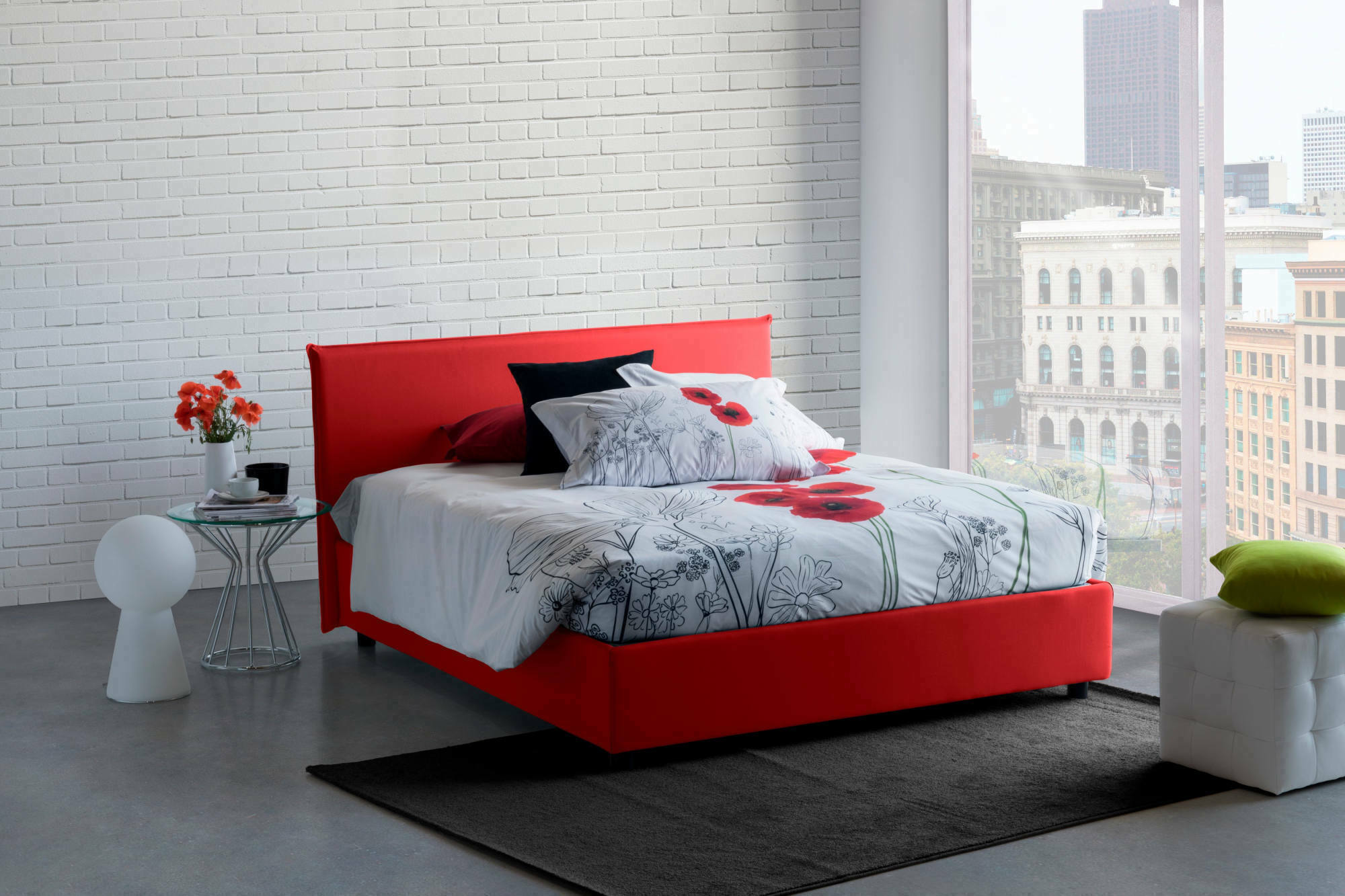 foto del prodotto letto matrimoniale angelic, letto contenitore con rivestimento in tessuto, made in italy, apertura frontale, adatto per materasso cm 140x190, rosso