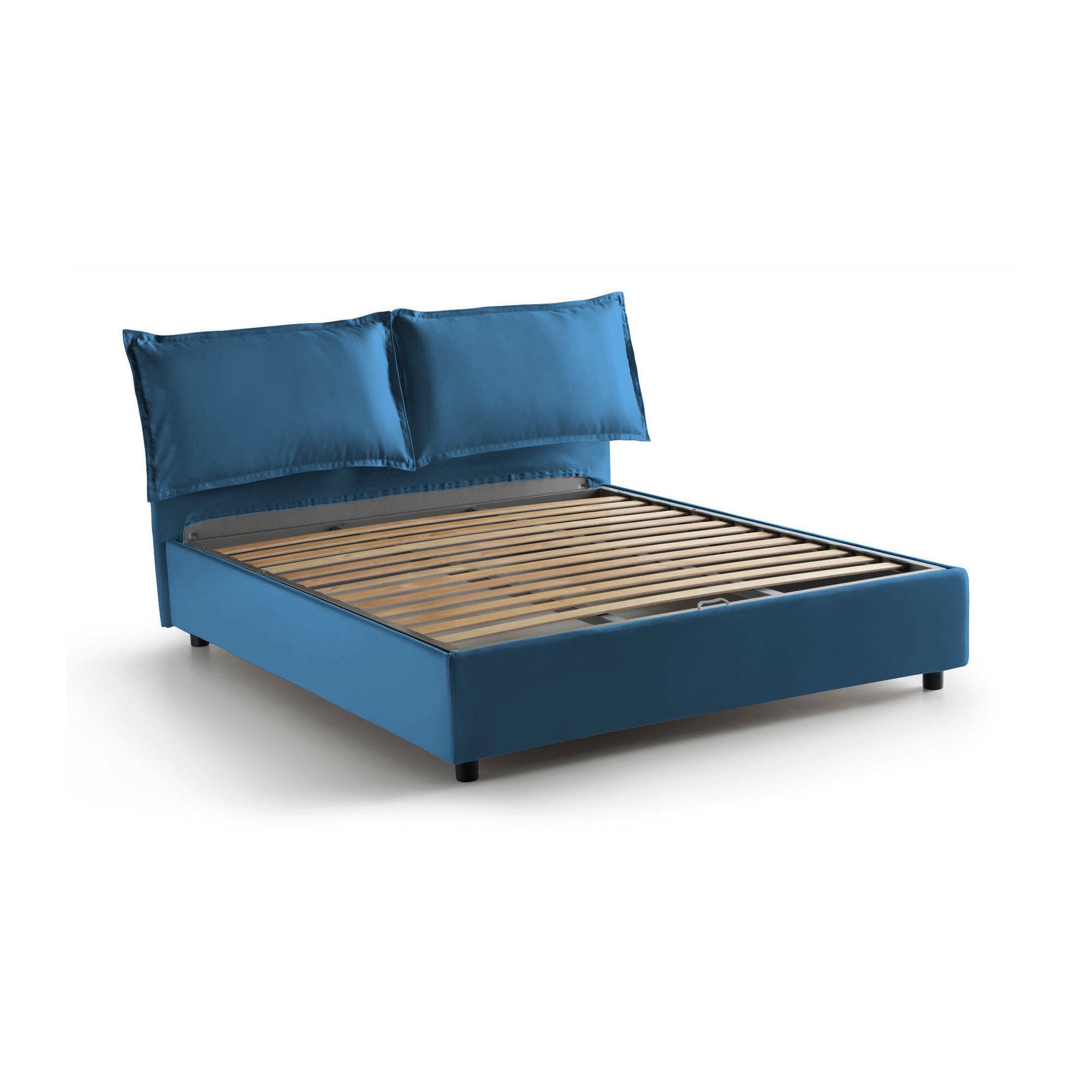 foto del prodotto letto matrimoniale anjin, letto contenitore con rivestimento in tessuto, made in italy, apertura frontale, adatto per materasso cm 160x190, blu