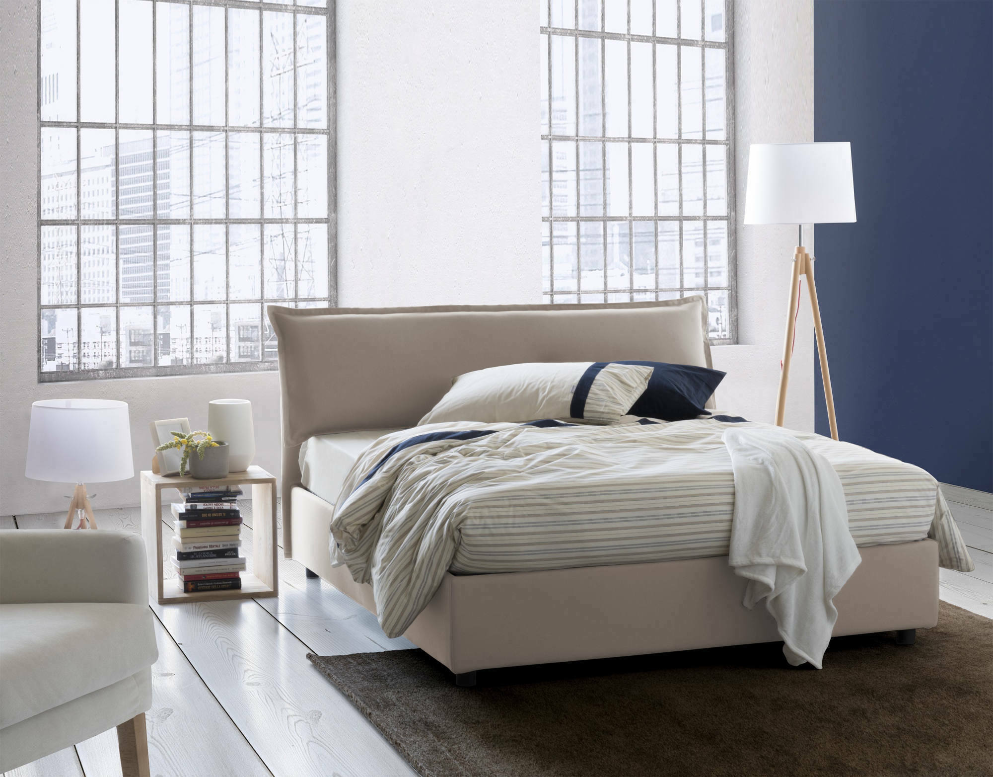 foto del prodotto letto matrimoniale apaia, letto contenitore sfoderabile con testiera e giroletto contenitore imbottiti, made in italy, adatto per materasso 160x200 cm, tortora