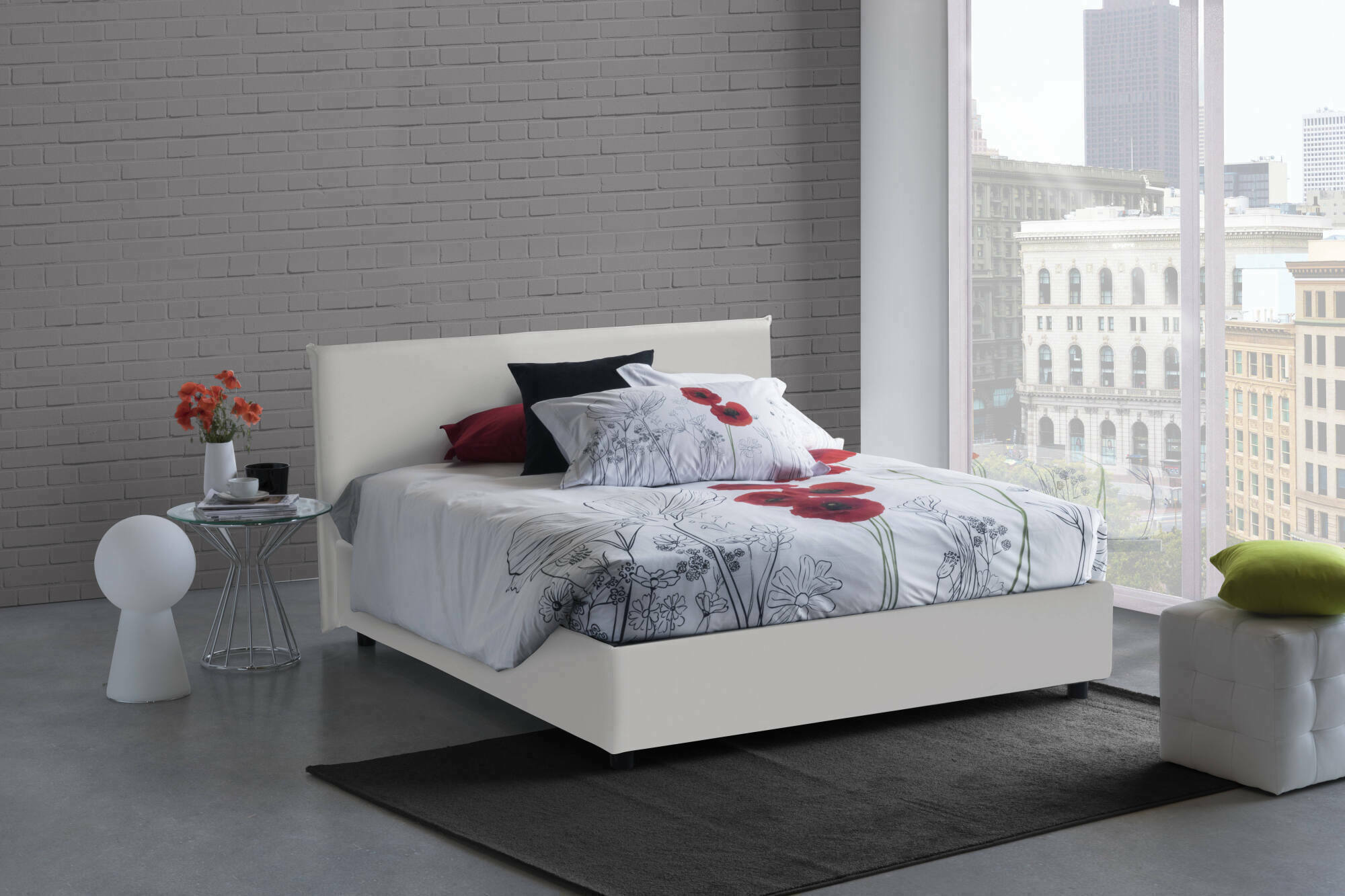 foto del prodotto letto matrimoniale ariella, letto contenitore con rivestimento in ecopelle, made in italy, apertura frontale, adatto per materasso cm 160x200, bianco