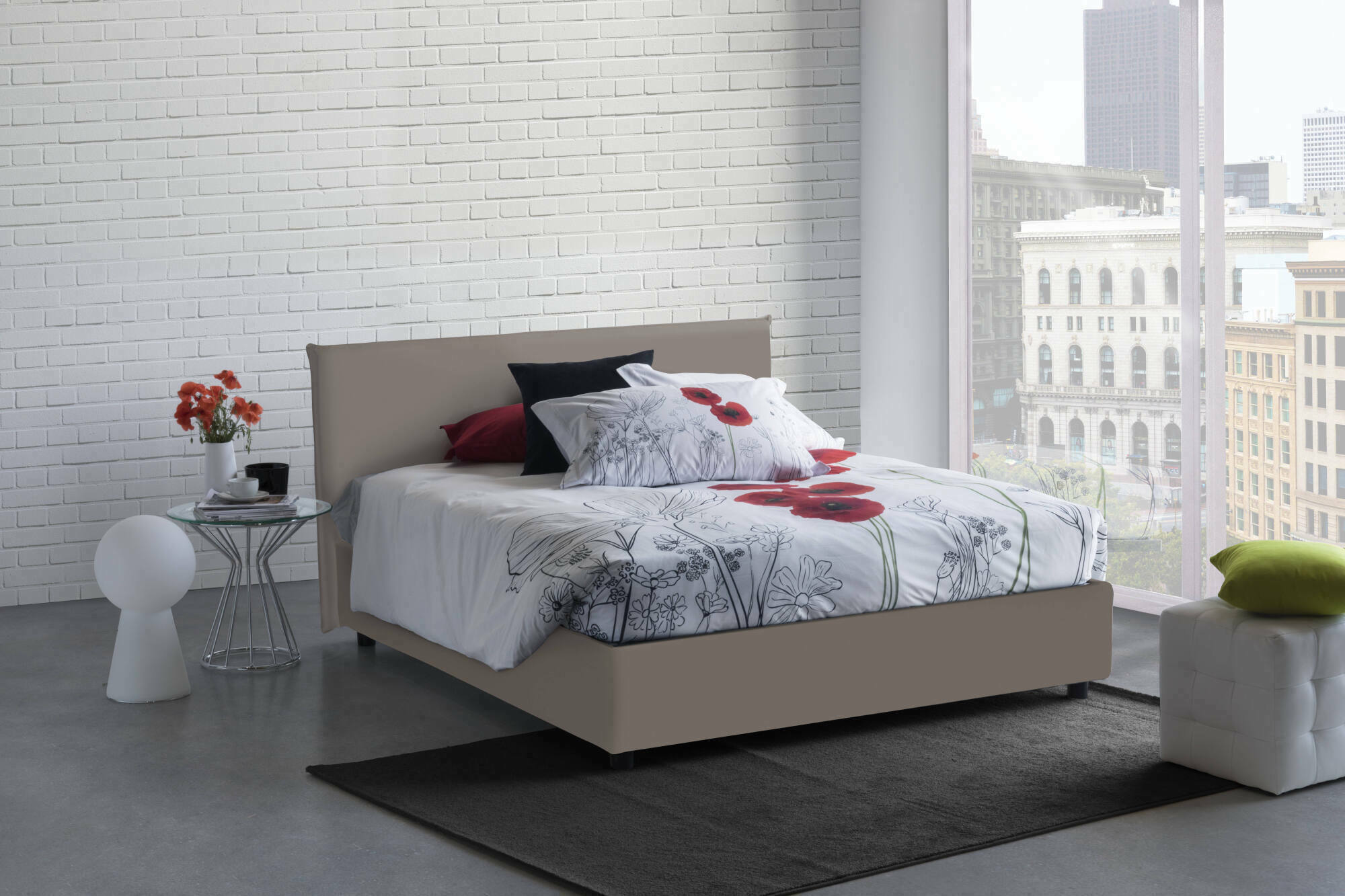 foto del prodotto letto matrimoniale ariella, letto contenitore con rivestimento in ecopelle, made in italy, apertura frontale, adatto per materasso cm 160x200, tortora