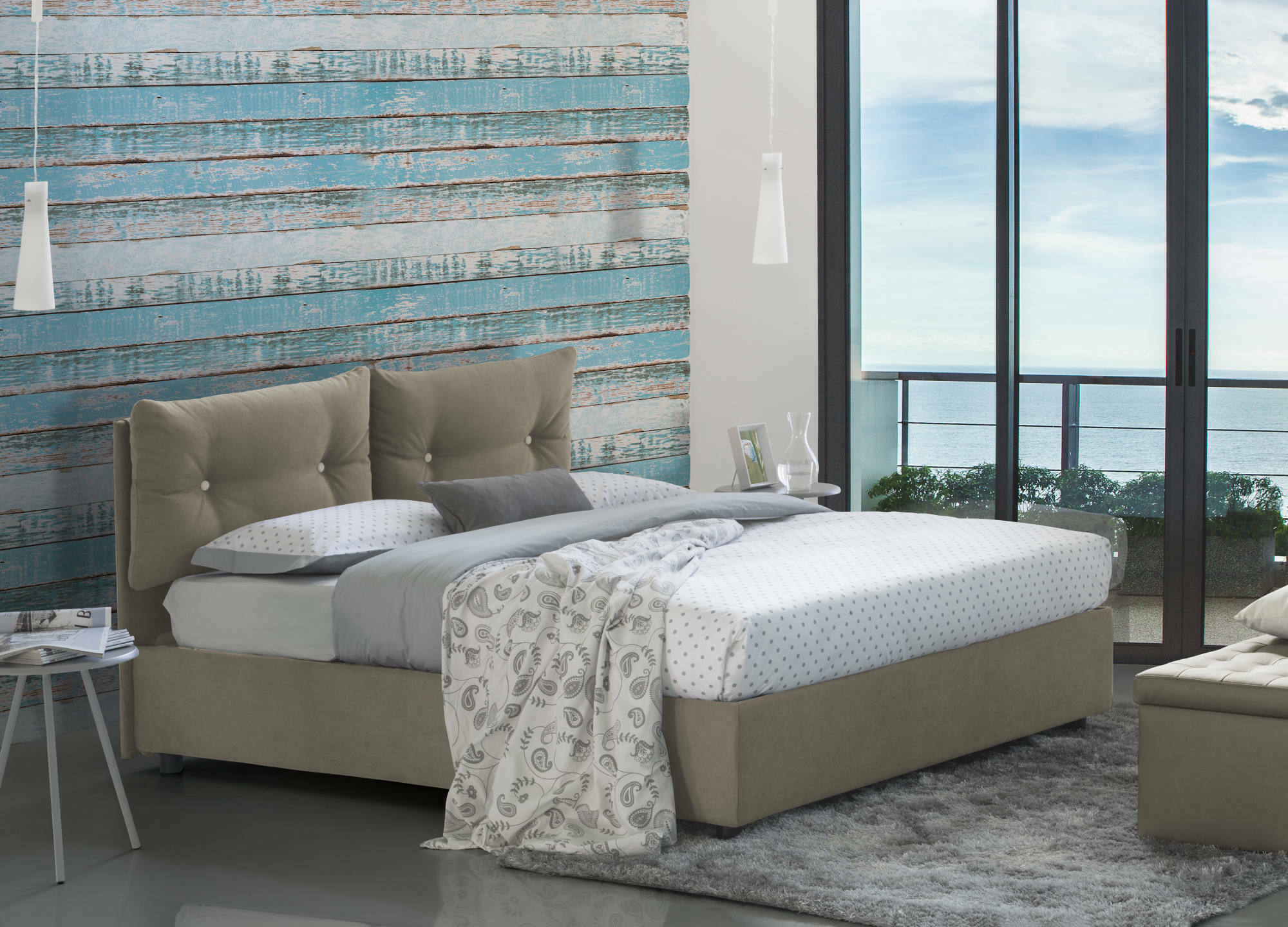foto del prodotto letto matrimoniale artrax, letto contenitore con rivestimento in tessuto, made in italy, apertura frontale, adatto per materasso cm 160x200, tortora