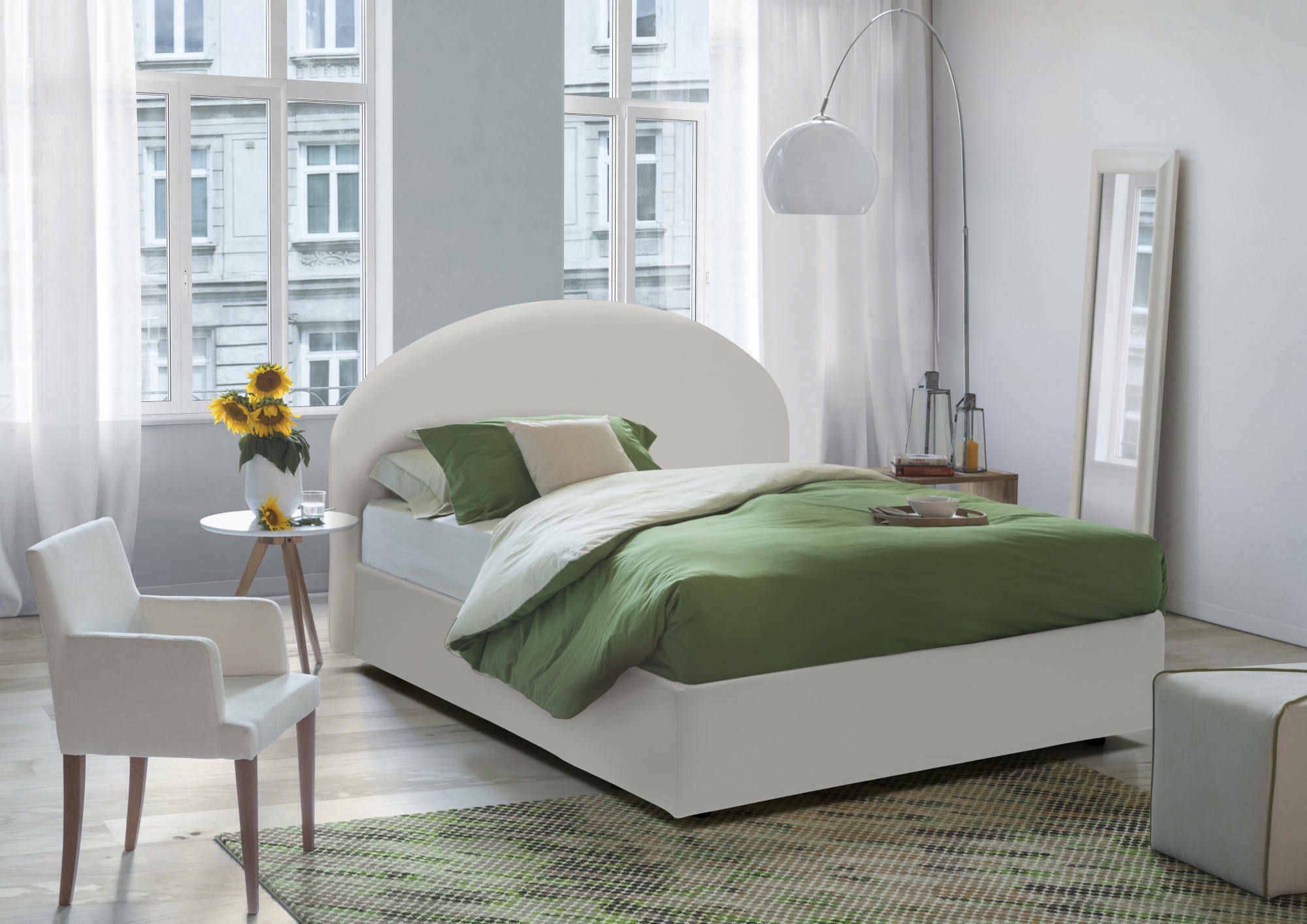 foto del prodotto letto matrimoniale ayur, letto contenitore con rivestimento in ecopelle, made in italy, apertura frontale, con materasso cm 160x200 incluso, bianco