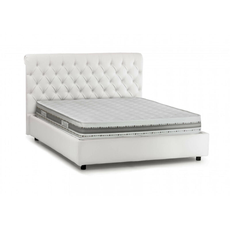 foto del prodotto letto matrimoniale claretta, letto contenitore e testata in ecopelle, 100 made in italy, apertura frontale, bianco, con incluso materasso da 160x190