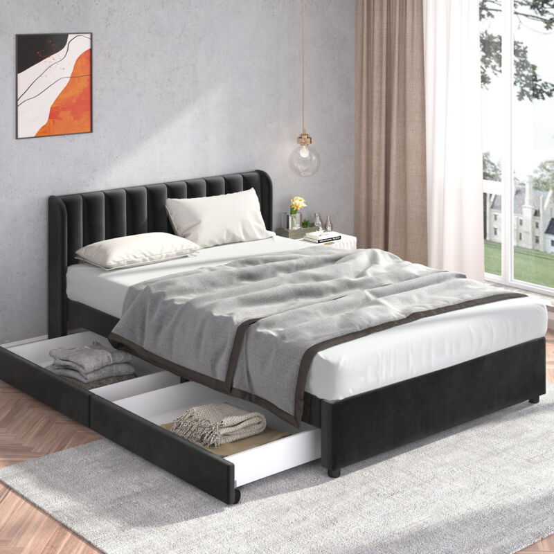 foto del prodotto letto matrimoniale con 2 cassetti, rete a doghe e schienale 160x200 cm, velluto, nero
