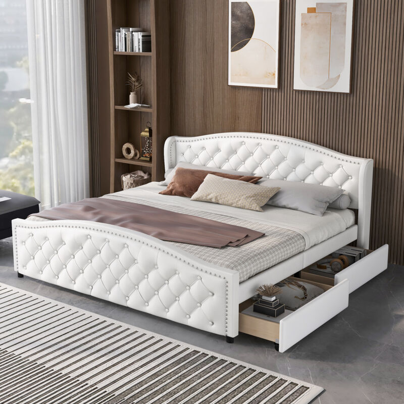 foto del prodotto letto matrimoniale con 2 cassetti, testiera e rete a doghe, pu, portata 300 kg, bianco 180x200 cm
