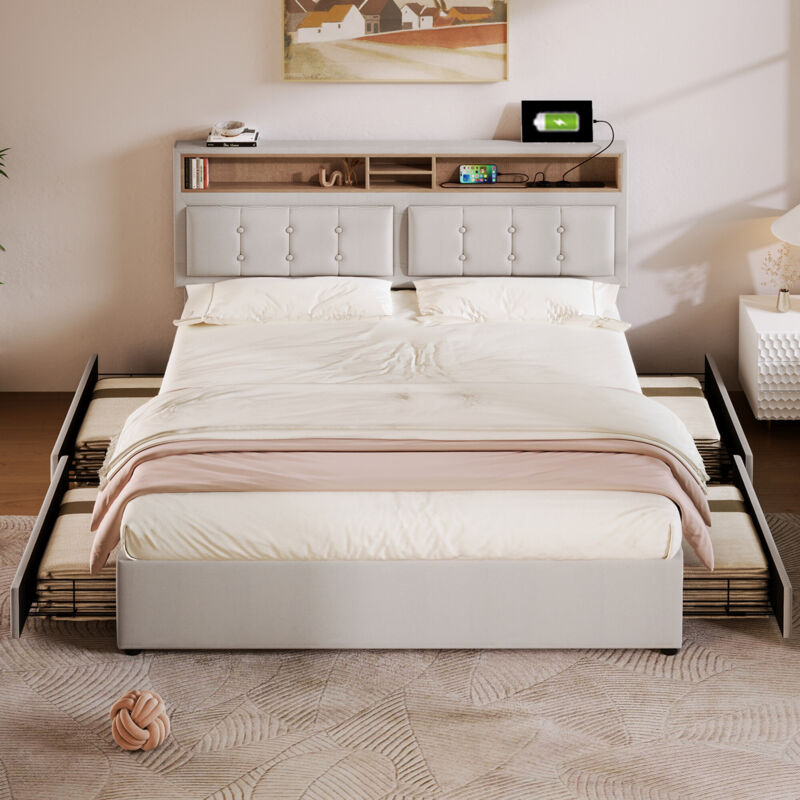 foto del prodotto letto matrimoniale con 4 cassetti e presa usb c, letto imbottito 140x200 cm, testiera regolabile in altezza, rete a doghe in legno senza materasso 