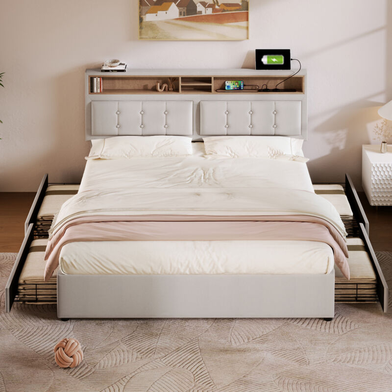 foto del prodotto letto matrimoniale con 4 cassetti e presa usb c, letto imbottito 140x200 cm, testiera regolabile in altezza, rete a doghe in legno senza materasso 