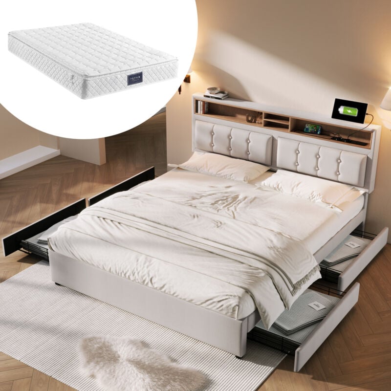 foto del prodotto letto matrimoniale con 4 cassetti e presa usb c, letto imbottito 160x200 cm, testiera regolabile in altezza, rete a doghe in legno con materasso 