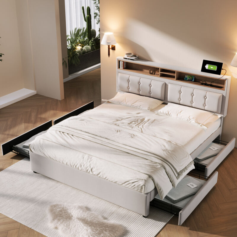 foto del prodotto letto matrimoniale con 4 cassetti e presa usb c, letto imbottito 160x200 cm, testiera regolabile in altezza, rete a doghe in legno senza materasso 