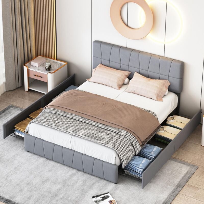 foto del prodotto letto matrimoniale con cassetti 180x200cm con 4 cassetti contenitore e testiera, rete a doghe, velluto, scandinavo grigio