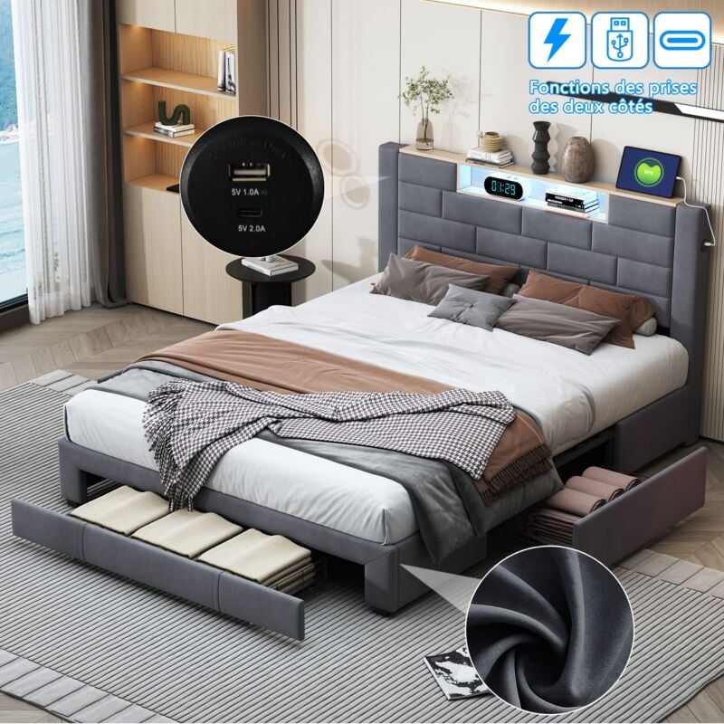 foto del prodotto letto matrimoniale con cassettiera 140x200cm, con 3 cassetti, ricarica usb type c, testiera con ripiano portaoggetti illuminato a led, rete a