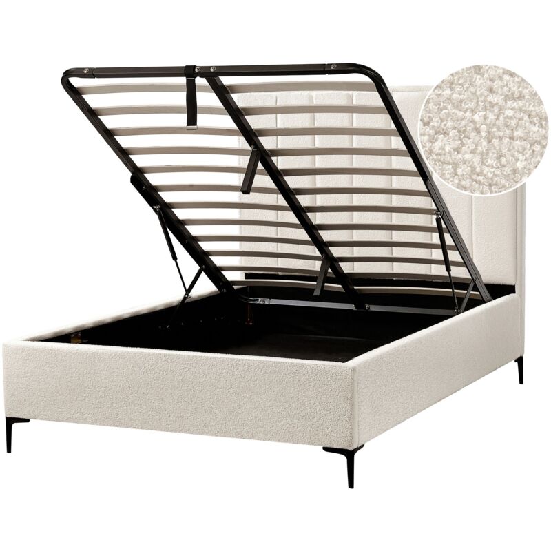 foto del prodotto letto matrimoniale con contenitore in tessuto boucl bianco sporco 140 x 200 cm sezanne