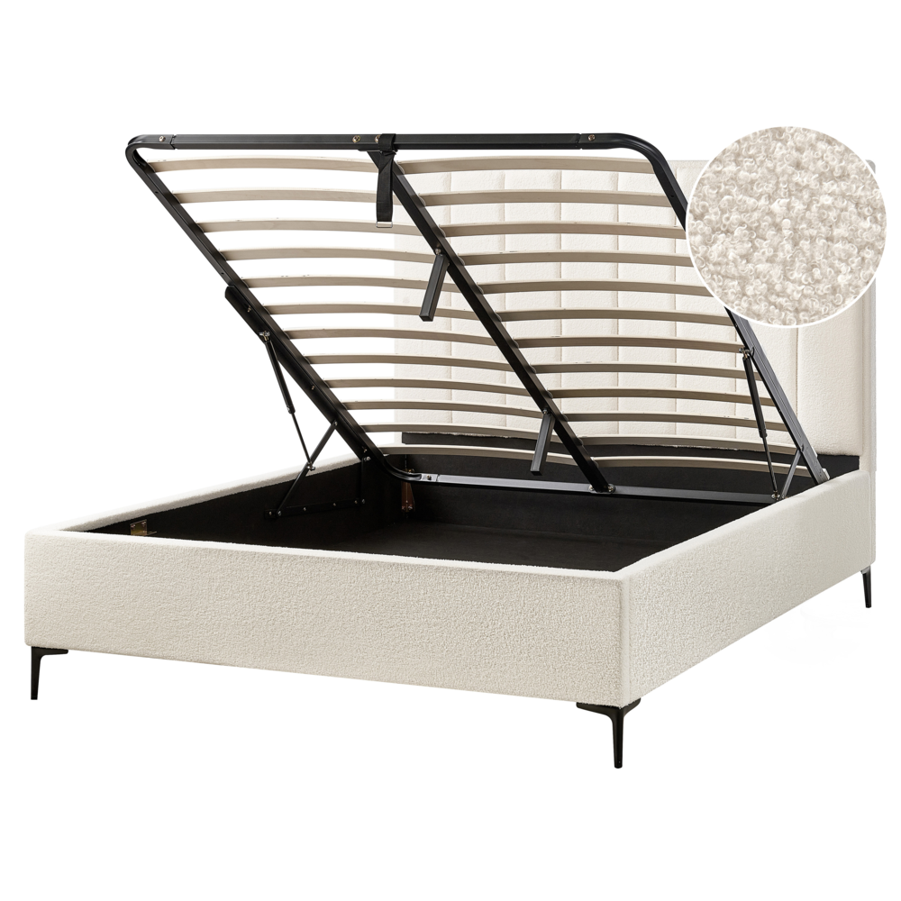 foto del prodotto letto matrimoniale con contenitore in tessuto bouclè bianco sporco 160 x 200 cm gambe in metallo nero