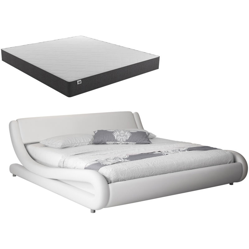 foto del prodotto letto matrimoniale con materasso letto con testiera e rete struttura letto design bianco opaco llegno ed ecopelle modello alessia 160x200