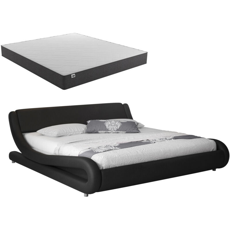 foto del prodotto letto matrimoniale con materasso letto con testiera e rete struttura letto design nero opaco llegno ed ecopelle modello alessia 180x200