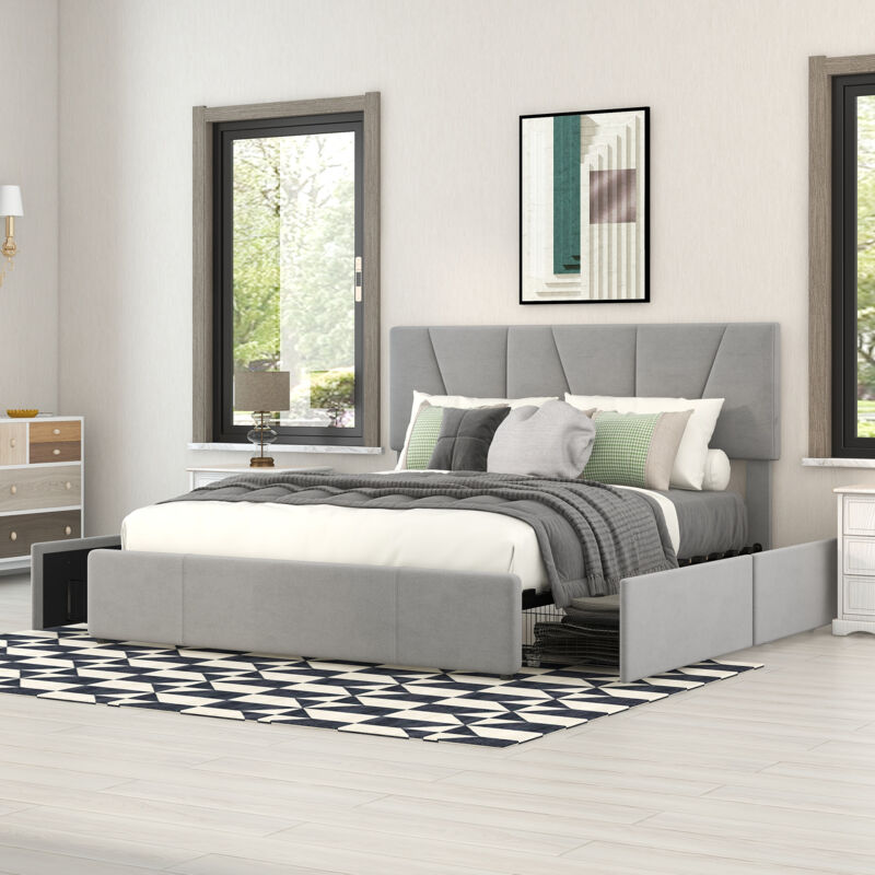 foto del prodotto letto matrimoniale con piattaforma imbottita, quattro cassetti su due lati, testiera regolabile, grigio 140200 cm okwish