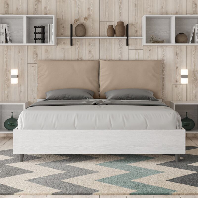 foto del prodotto letto matrimoniale con rete 160x190 bianco frassino cuscini similpelle tortora egos antea