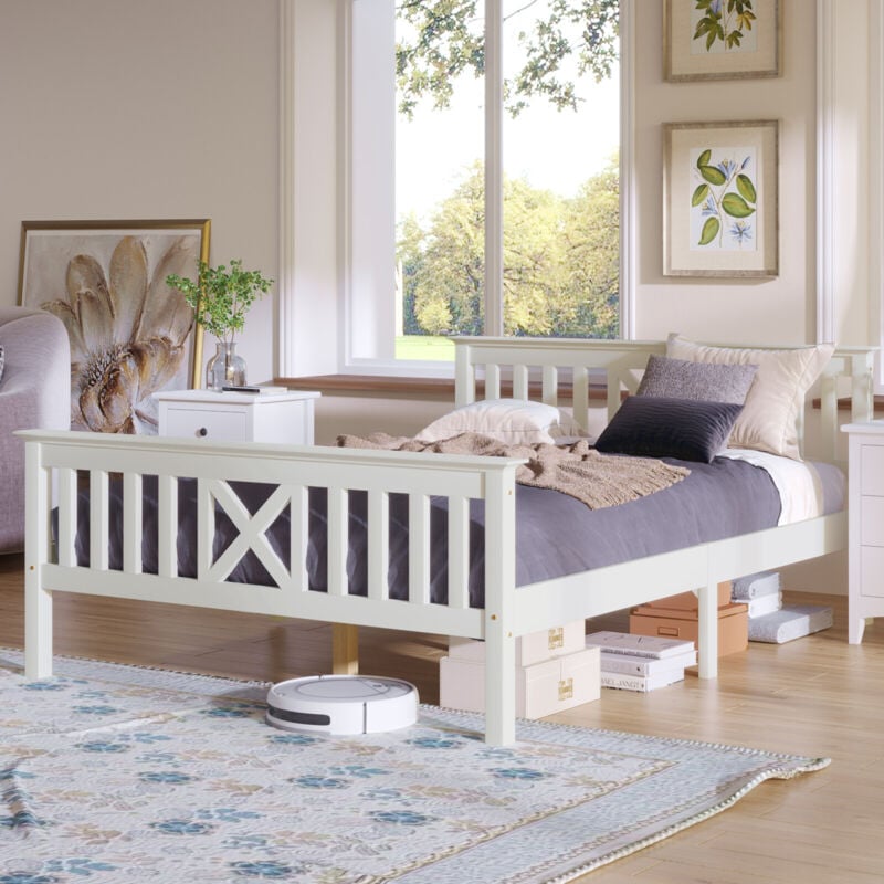 foto del prodotto letto matrimoniale con rete a doghe e testiera 140 x 200 cm in legno massello bianco