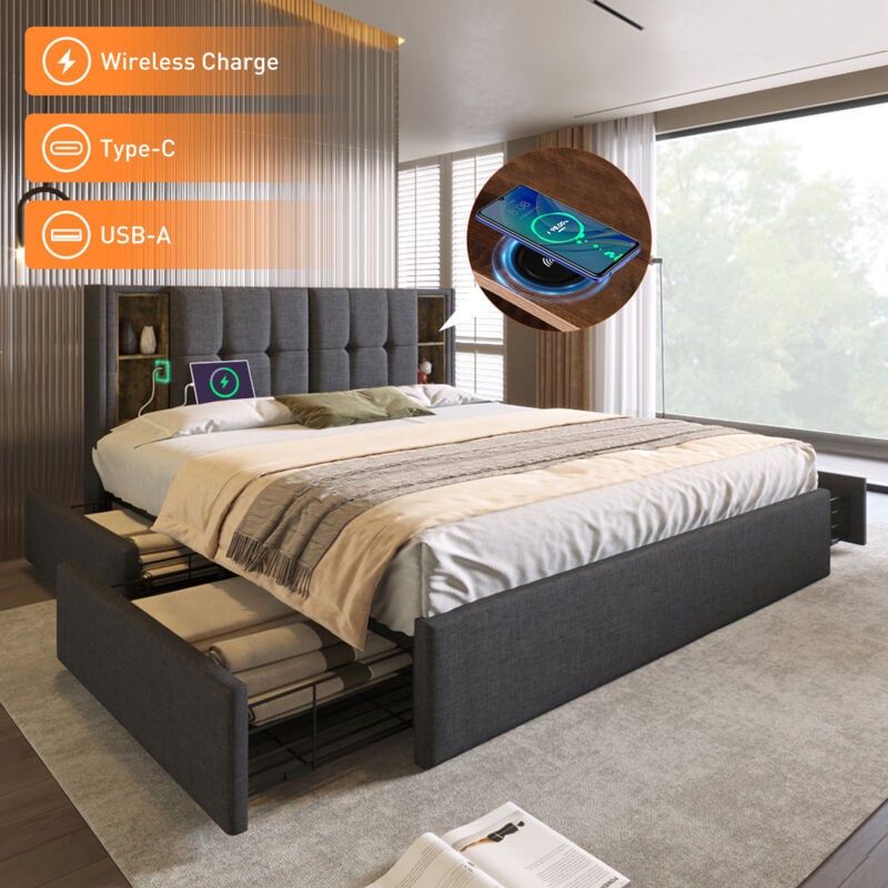 foto del prodotto letto matrimoniale con ricarica wireless usb c e 4 cassetti, giroletto imbottito 160x200 cm, rete a doghe in legno e lino grigio senza materasso 