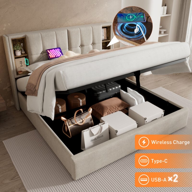 foto del prodotto letto matrimoniale con ricarica wireless usb c, giroletto imbottito 180x200 cm, giroletto con vano contenitore, rete a doghe in legno e lino naturale