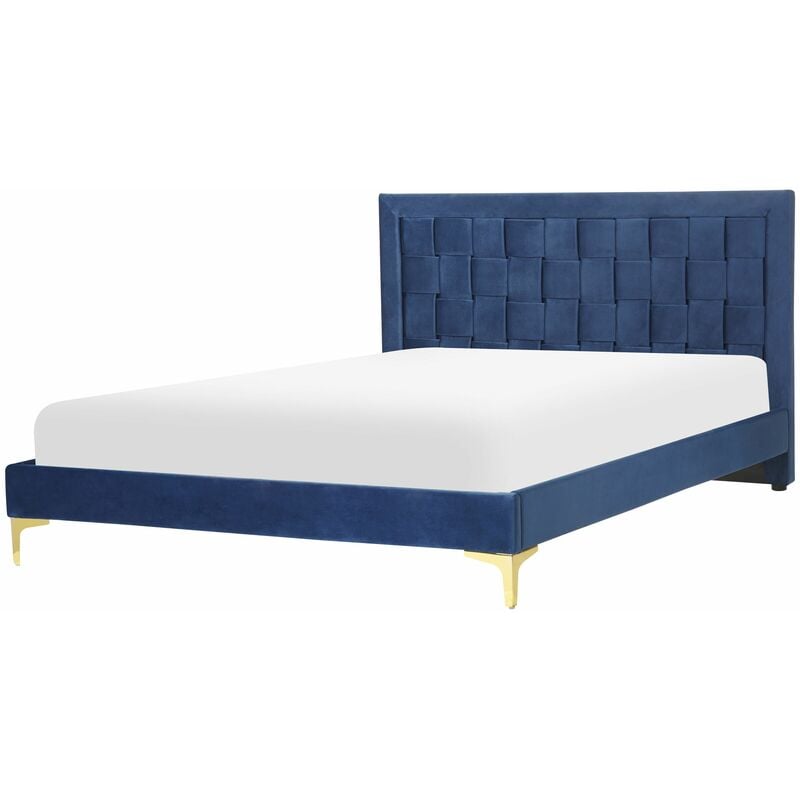 foto del prodotto letto matrimoniale con struttura imbottita di velluto blu 140 x 200 cm limoux